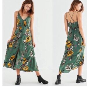 Urban Outfitters Lady Lava Green Floral Button Front Midi Dress strappy Back Sz4